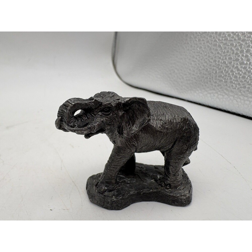 Heavy Elephant Figurine Trunk Up Pewter Tone Finish Miniature Animal Statue